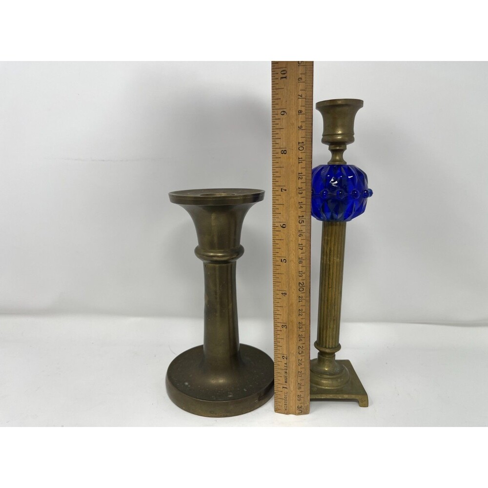 2 Vintage Solid Brass Candlestick Candle Holders w/ Blue Glass ~HEAVY~ Tarnished